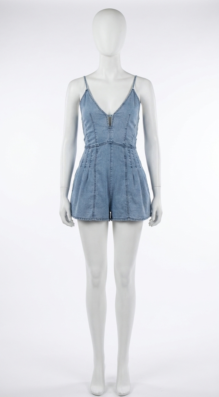 NEW VINTAGE HAVANA deep v-neck tencel romper in washed soft denim